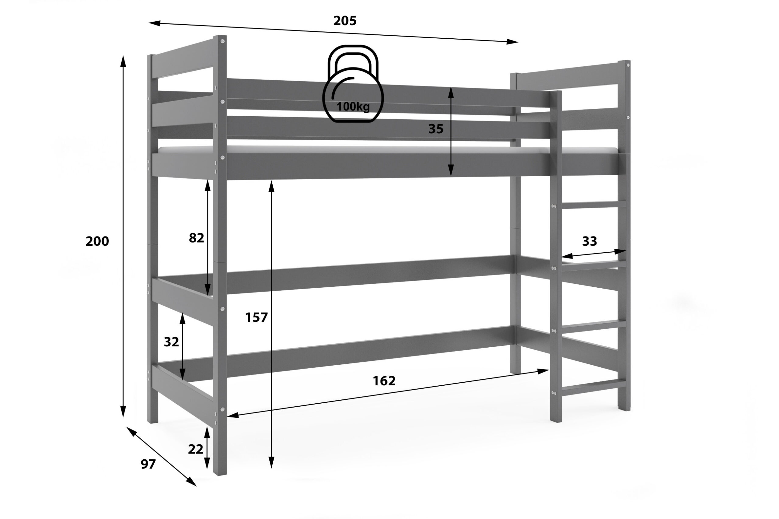 Poolkõrge narivoodi Antresola 90×200, graphite — изображение 3