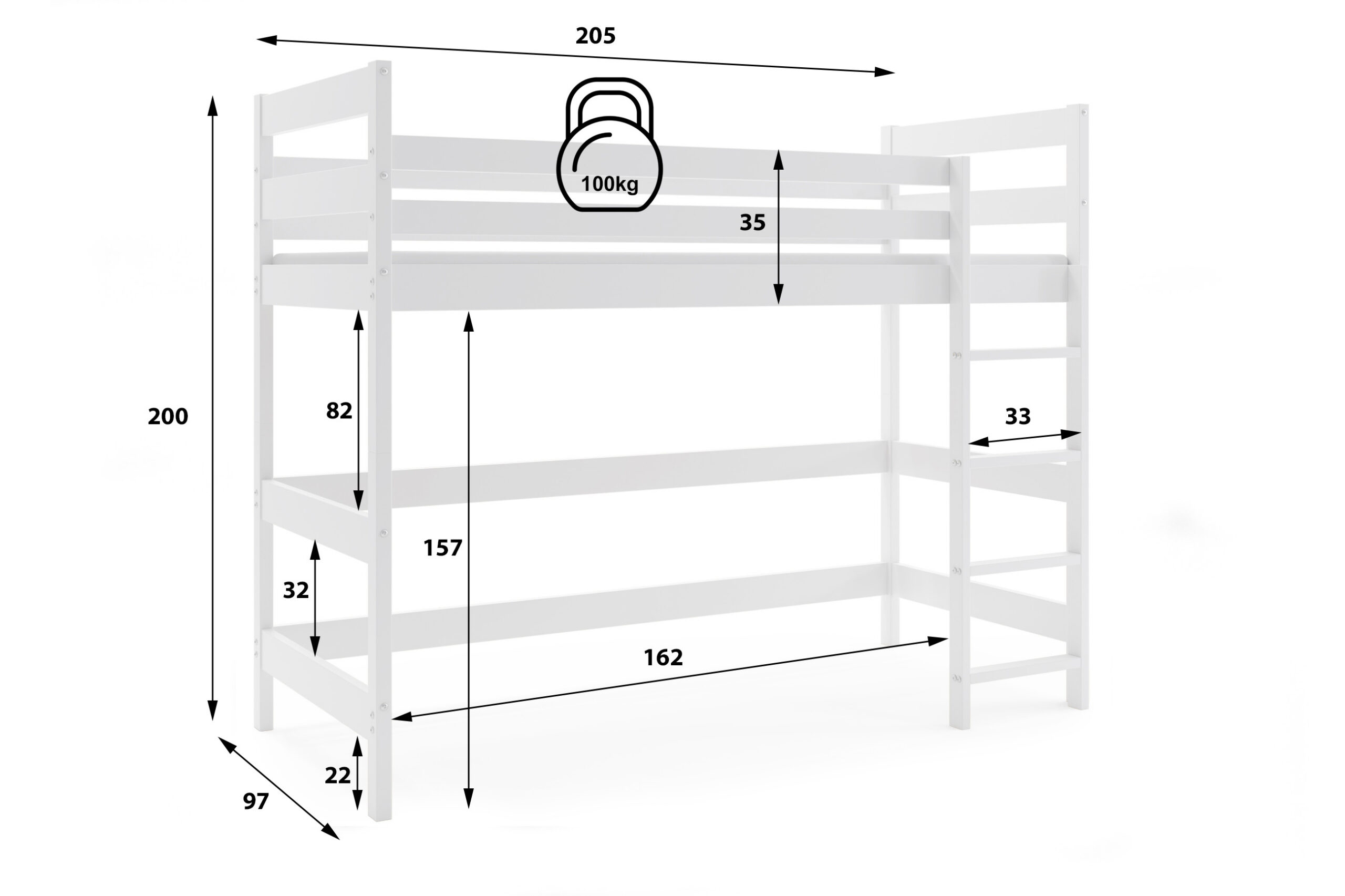 Poolkõrge narivoodi Antresola 90x200, valge — изображение 3